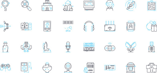 Video game market linear icons set. Gaming, Industry, Console, Mobile, PC, Virtual, Augmented line vector and concept signs. Competition,eSports,Streaming outline illustrations
