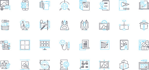 Design economy linear icons set. Innovation, Creativity, Aesthetics, Sustainability, Adaptability, Functionality, User-centered line vector and concept signs. Collaboration,Efficiency,Branding outline