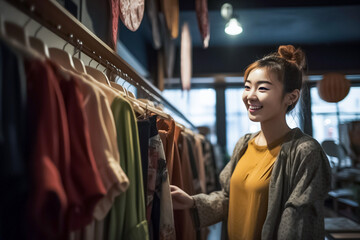 Fototapeta na wymiar An Asian woman shopping in a boutique is captured in this captivating image, showcasing the vibrant colors and textures of the fabrics. generative AI