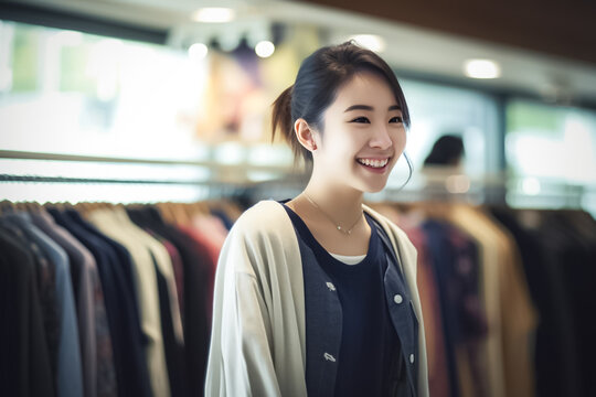 An Asian woman shopping in a boutique is captured in this captivating image, showcasing the vibrant colors and textures of the fabrics. generative AI