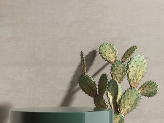 Modern emerald green round podium table, bunny ears cactus in sunlight, shadow on blank beige...