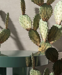 Modern emerald green round podium table, bunny ears cactus in sunlight, shadow on blank beige concrete stucco texture wall for luxury cosmetic, skincare, beauty treatment product display background 3D