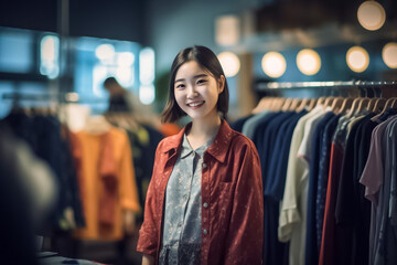 Young Asian entrepreneur woman showcases stylish clothing designs in her bustling shop, attracting smiling and satisfying customers with ease. generative AI