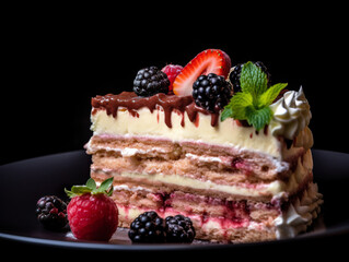 Cake on a beautiful plate. Tasty cheesecake with strawberries. Sweet breakfast delicious cheesecake with fresh strawberries. 3D realistic illustration. Creative AI
