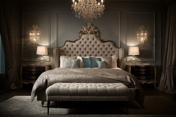 A sumptuous Bedroom with a plush chaise lounge and elegant brocade headboard, accented by delicate crystal lamps on either side, generative ai