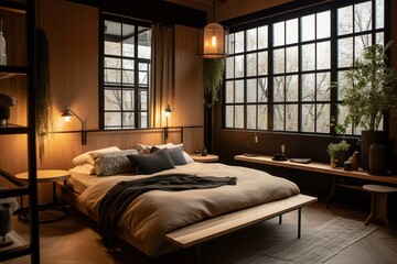 A cozy and inviting Bedroom with warm wood tones, black steel details, and soft lighting, generative ai
