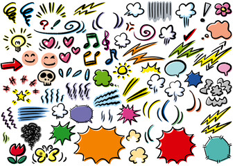 カラフルな手描き風コミックパーツいろいろのセット