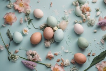 Easter composition with eggs and flowers on pastel background. Flat lay, top view. Generative AI