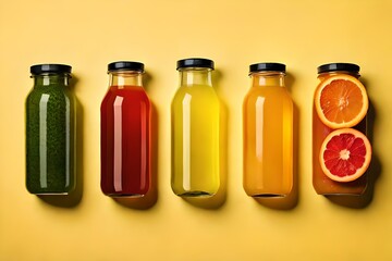 Flat lay of different type lemon drink bottles isolated on yellow background