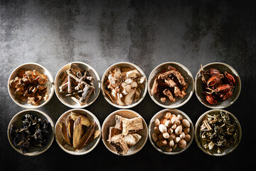 Various kinds of herbal medicines on a plate