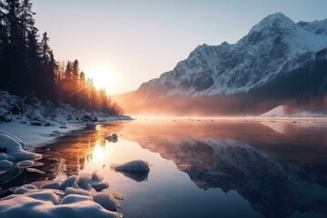 Obraz na płótnie Canvas Winter landscape of sunrise in Tatra Mountains. Snow covered fir trees on mountains and lake frozen. Beautiful view on lake and mountains. Generative AI
