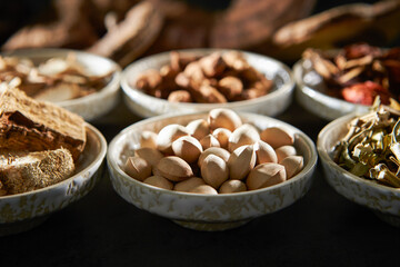 Various kinds of herbal medicines on a plate
