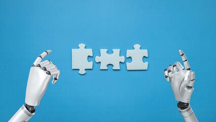 Robot and Puzzle pieces on blue background, Jigsaw puzzle with missing piece artificial intelligence, Missing jigsaw puzzle pieces and business artificial intelligence concept.