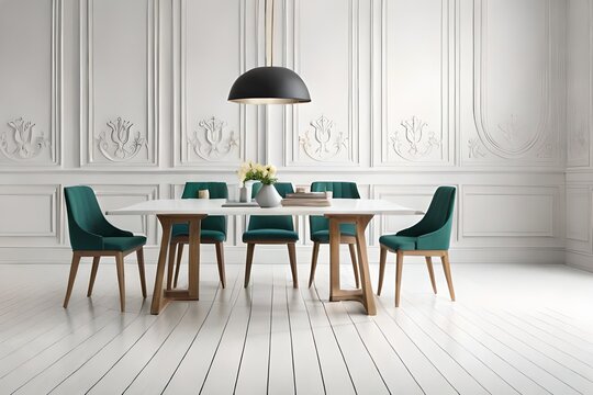 Luxury dining room with marble table and chairs isolated with blank white wall