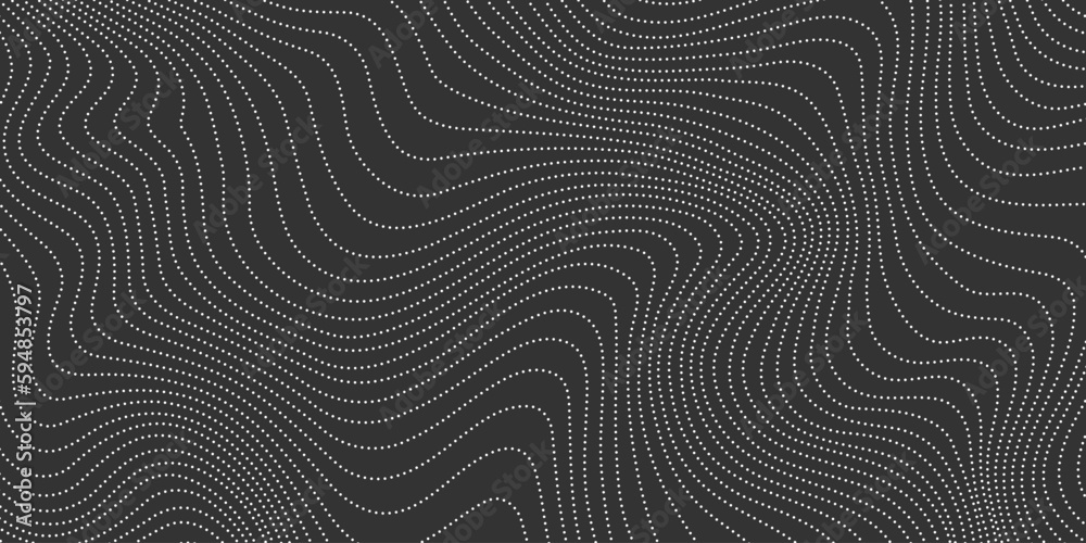 Poster Dotted wave lines background. Abstract wavy stripes texture. Warped and curved dashed lines wallpaper. Vector minimalistic map design template