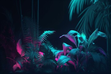 Fototapeta na wymiar Tropical dark trend jungle in neon illuminated lighting for background. Exotic palms and plants in retro style and fluorescent light. Contemporary botanical concept. Generative AI
