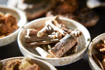 Various kinds of herbal medicines on a plate	