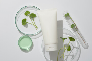Mockup scene for cosmetic of gotu kola extract with white plastic bottle unlabeled displayed on white background with lab glassware and gotu kola leaves. Space for design