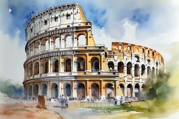 Watercolor painting of Colosseum in Rome, Italy. Generative AI - obrazy, fototapety, plakaty