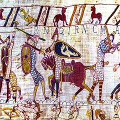 Bayeux tapestry, Bayeux, Normandy, France. Created 11th century after Battle of Hastings 1066 AD showing Norman Conquest. Cavalry battle and deaths