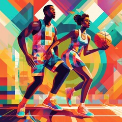 energetic abstract art piece, dynamic motion of male and female basketball players in action, characterized by vibrant and colorful strokes, intensity and teamwork of competitive sports.