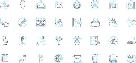 Bike rides linear icons set. Adventure, Scenery, Thrill, Freedom, Fitness, Nature, Challenge line vector and concept signs. Serenity,Excitement,Refreshing outline illustrations Generative AI