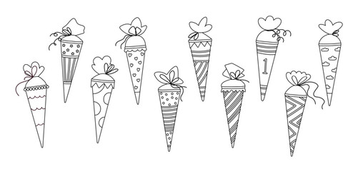 Set of candy,school cones for first grader in germany.Line vector illustration