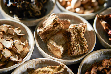 Various kinds of herbal medicines on a plate	