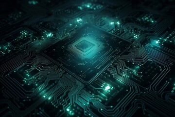 Abstract and futuristic circuit board background pattern with particles and grid patterns. generative AI