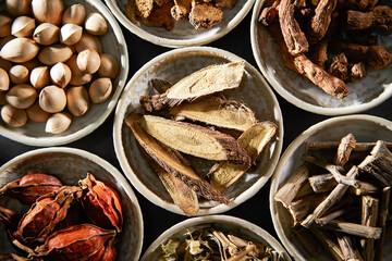 Various kinds of herbal medicines on a plate	