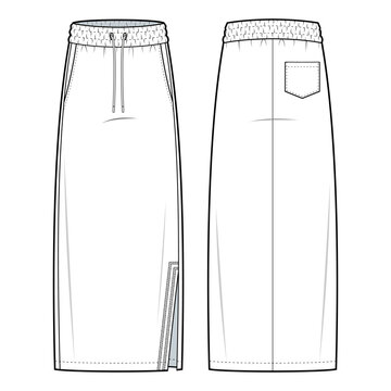 Maxi skirt with drawstring waist technical fashion illustration. Maxi skirt with side slit .skirt flat template vector illustration. front and back view. isolated in white colour. CAD mock-up set.
