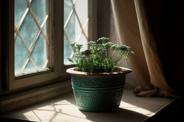 Flower pot  near window. Generative AI