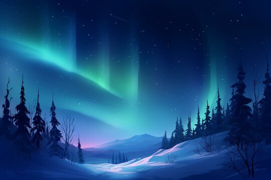 enchanting christmas background, winter night and northern lights, digital illustration, ai-generated image. Generative AI
