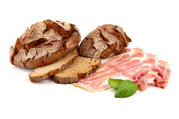 Rustic Bread with bacon slices, close-up, isolated on a white background.
