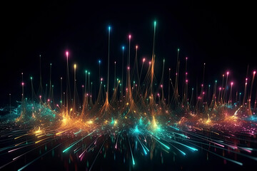 abstract dark background with colorful bright neon stars and glowing lines - obrazy, fototapety, plakaty