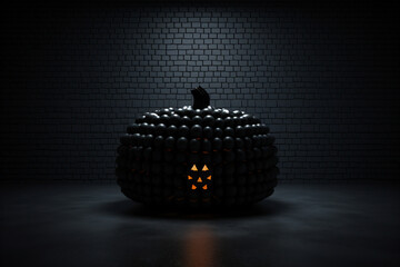 Naklejka na ściany i meble Halloween pumpkin in dark room with black brick wall, Generative AI