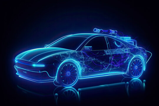 Electric car charging on the station, vector illustration. Blue neon glowing EV