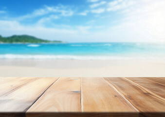 Fototapeta premium A close-up of an empty wooden table over blurred sunny tropical empty beach background