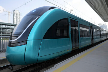 Fototapeta premium Futuristic blue train with wind turbines and solar panels