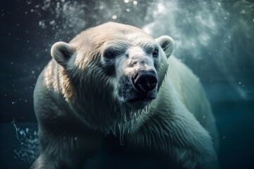 Action closeup of polar bear with big paws swimming undersea with bubbles under the water