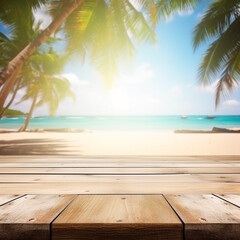 A close-up of an empty wooden table over blurred sunny tropical empty beach background
