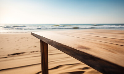 Naklejka na ściany i meble A close-up of an empty wooden table over blurred sunny tropical empty beach background