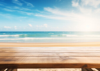 Fototapeta premium A close-up of an empty wooden table over blurred sunny tropical empty beach background