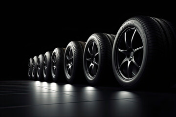 Black rubber tires standing in row line on dramatic dark background