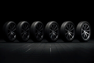 Black rubber tires standing in row line on dramatic dark background