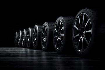Black rubber tires standing in row line on dramatic dark background
