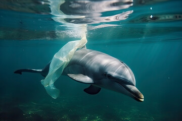 Fototapeta premium A dolphin trapped in a plastic bag in the ocean. Environmental Protection