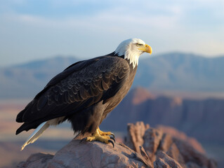 A bald eagle sits on a rock in front of a mountain range.
