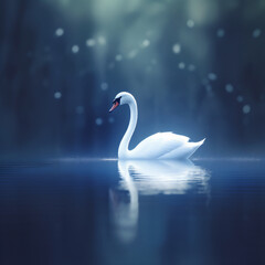 A white swan is swimming in a dark blue water.