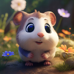 A cartoon image of a hamster with blue eyes and a pink nose.
